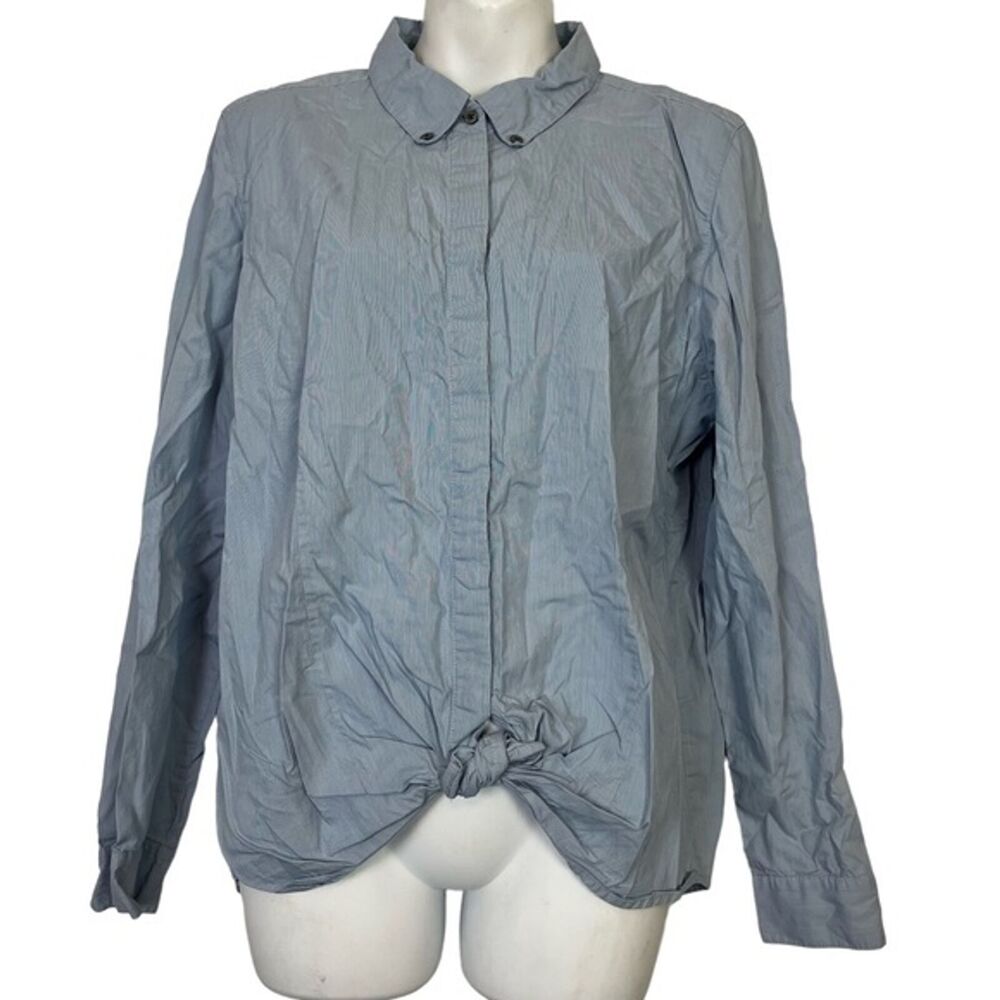 J JILL Long Sleeve Blue Fine Striped Tie Front Casual Button Down Shirt Top sz L